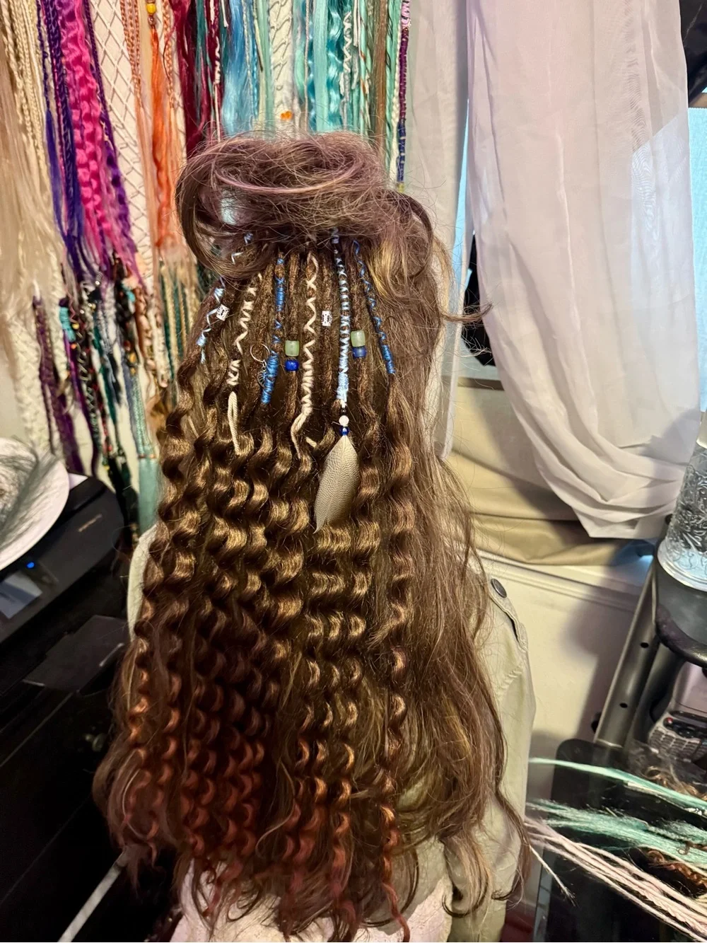 Boho Curly Brown Hair Extensions with Blue Bead Accents